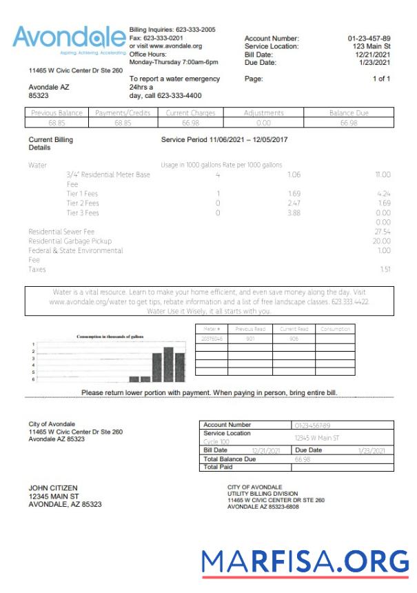 Printable USA Arizona The City of Avondale Water utility bill template in Word and PDF format